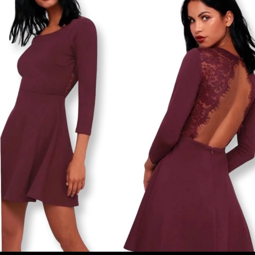 NWT Lulus Backless Lace Skater Dress Plum Small